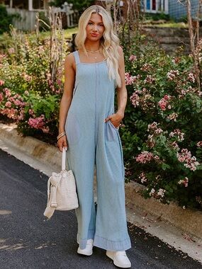 Zenana Outfitters waffle knit jumpsuit Pale Blue Wide-Leg Sleeveless open back